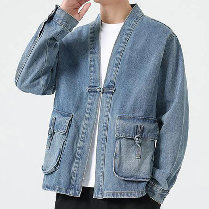 Giacca da uomo in cotone a maniche lunghe con tasche e bottoni in denim con Buddha Stones - Image 15