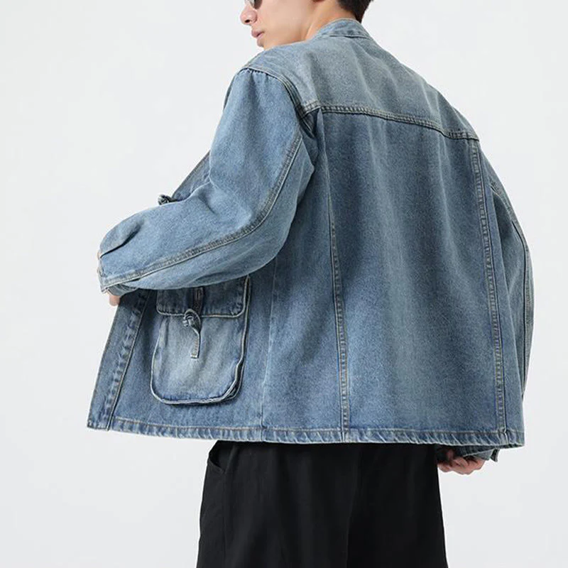 Giacca da uomo in cotone a maniche lunghe con tasche e bottoni in denim con Buddha Stones - Image 16