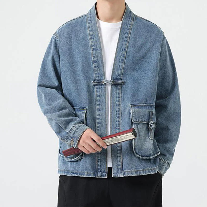 Giacca da uomo in cotone a maniche lunghe con tasche e bottoni in denim con Buddha Stones - Image 17