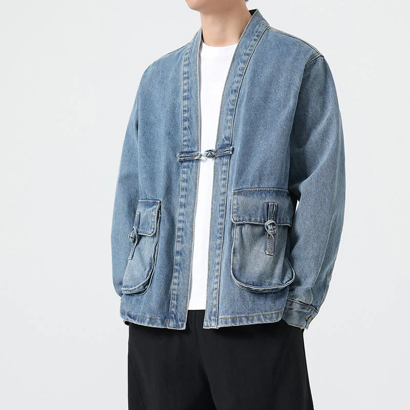 Giacca da uomo in cotone a maniche lunghe con tasche e bottoni in denim con Buddha Stones - Image 18