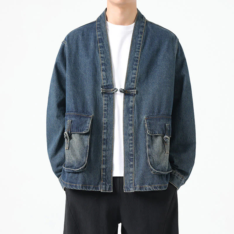 Giacca da uomo in cotone a maniche lunghe con tasche e bottoni in denim con Buddha Stones - Image 19