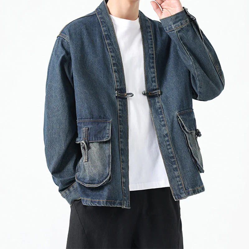 Giacca da uomo in cotone a maniche lunghe con tasche e bottoni in denim con Buddha Stones - Image 20