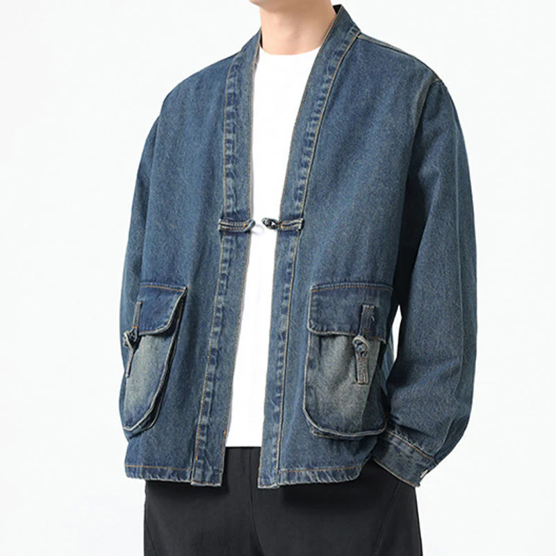 Giacca da uomo in cotone a maniche lunghe con tasche e bottoni in denim con Buddha Stones - Image 21