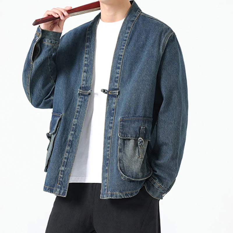 Giacca da uomo in cotone a maniche lunghe con tasche e bottoni in denim con Buddha Stones - Image 22