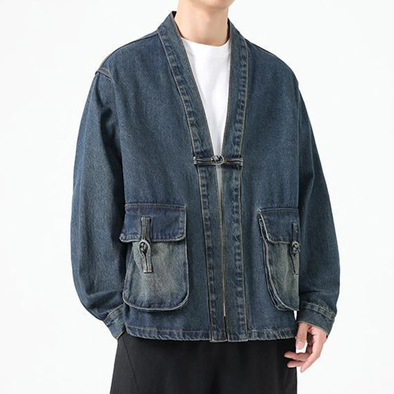 Giacca da uomo in cotone a maniche lunghe con tasche e bottoni in denim con Buddha Stones - Image 24