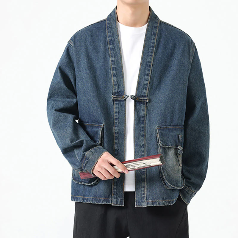 Giacca da uomo in cotone a maniche lunghe con tasche e bottoni in denim con Buddha Stones - Image 25