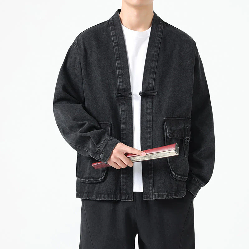 Giacca da uomo in cotone a maniche lunghe con tasche e bottoni in denim con Buddha Stones - Image 3