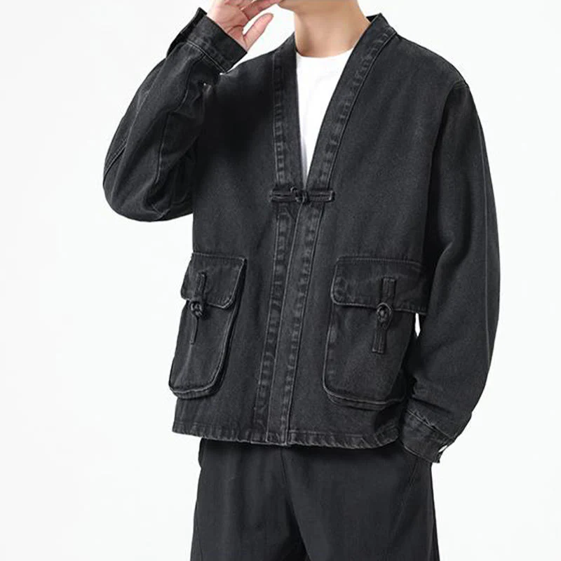 Giacca da uomo in cotone a maniche lunghe con tasche e bottoni in denim con Buddha Stones - Image 4
