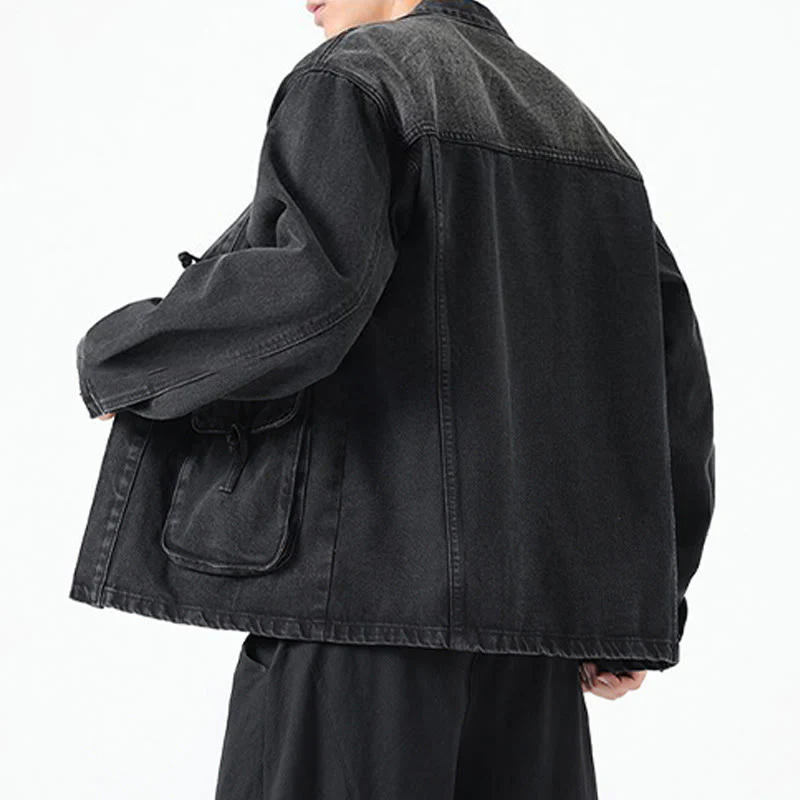 Giacca da uomo in cotone a maniche lunghe con tasche e bottoni in denim con Buddha Stones - Image 5