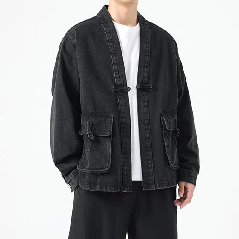Giacca da uomo in cotone a maniche lunghe con tasche e bottoni in denim con Buddha Stones - Image 6