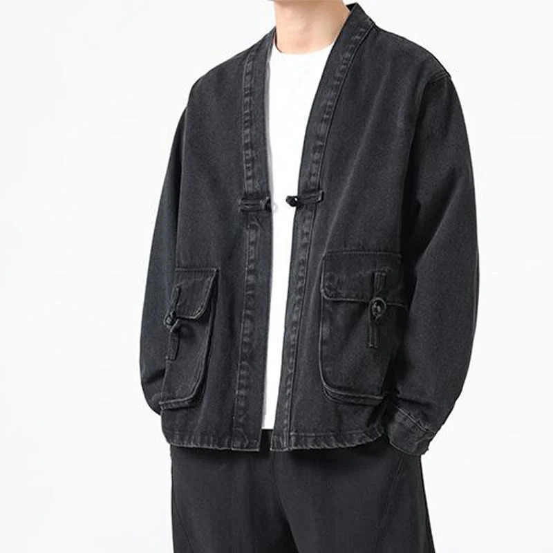 Giacca da uomo in cotone a maniche lunghe con tasche e bottoni in denim con Buddha Stones - Image 7