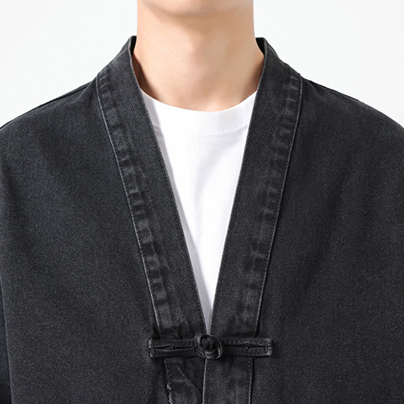 Giacca da uomo in cotone a maniche lunghe con tasche e bottoni in denim con Buddha Stones - Image 8