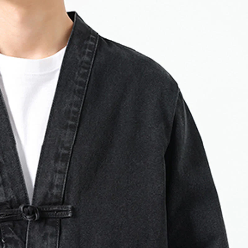 Giacca da uomo in cotone a maniche lunghe con tasche e bottoni in denim con Buddha Stones - Image 9