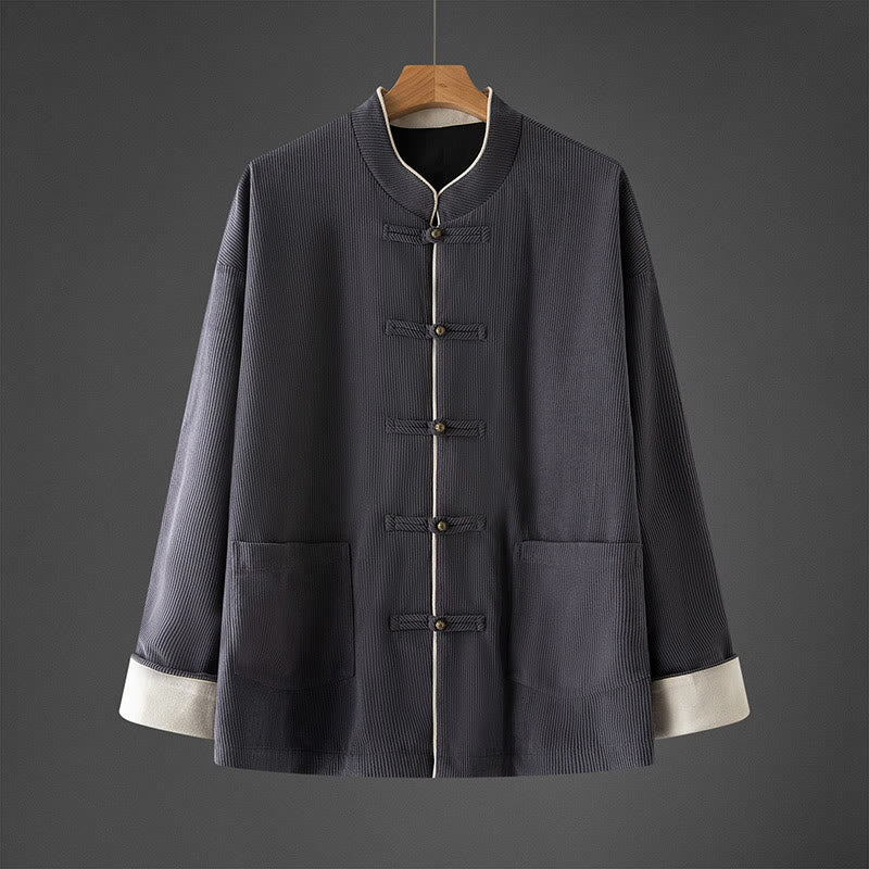 Giacca da uomo in cotone con colletto alla coreana, maniche lunghe, bottoni a rana e tasche, modello Buddha Stones