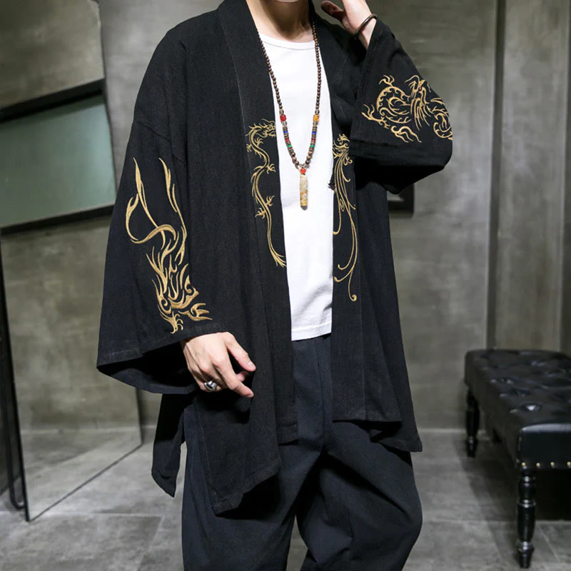 Giacca da uomo in cotone con maniche lunghe e apertura frontale, motivo Buddha Stones Dragon Phoenix