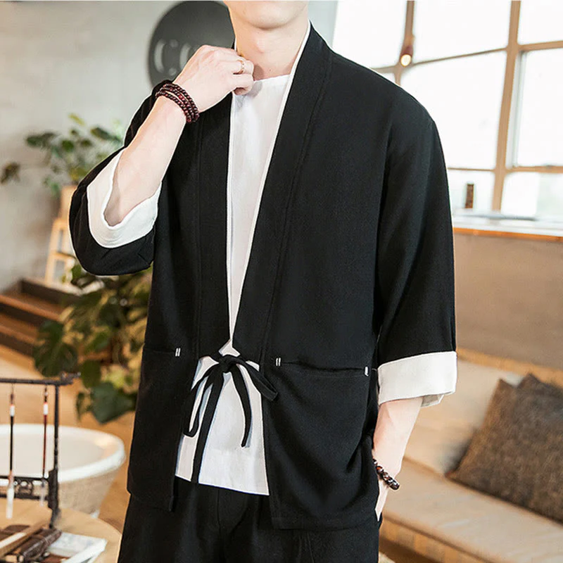 Giacca da uomo in cotone e lino con maniche a tre quarti, kimono con tasche e motivo Buddha Stones con lacci - Image 10
