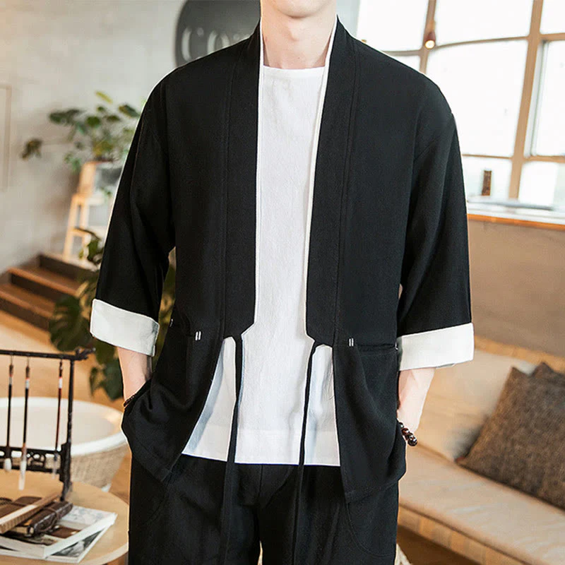 Giacca da uomo in cotone e lino con maniche a tre quarti, kimono con tasche e motivo Buddha Stones con lacci - Image 11