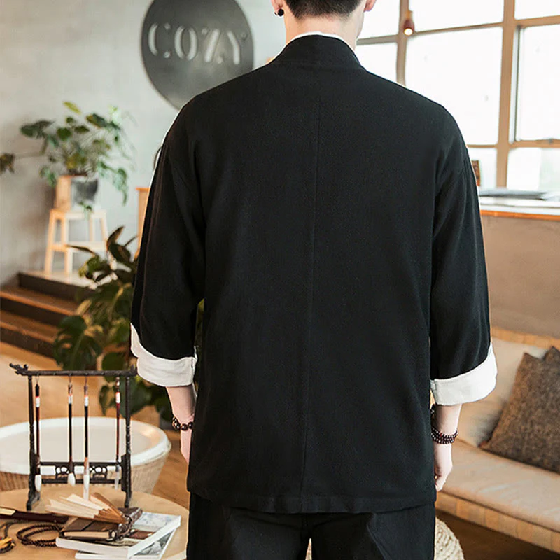 Giacca da uomo in cotone e lino con maniche a tre quarti, kimono con tasche e motivo Buddha Stones con lacci - Image 12