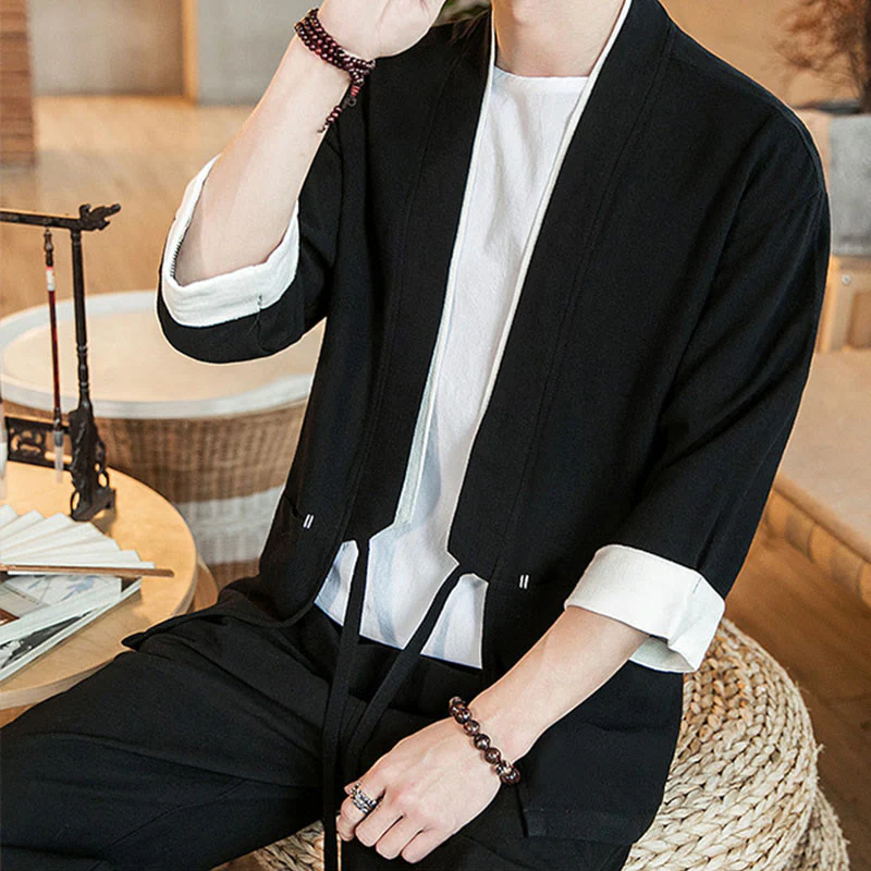 Giacca da uomo in cotone e lino con maniche a tre quarti, kimono con tasche e motivo Buddha Stones con lacci - Image 13