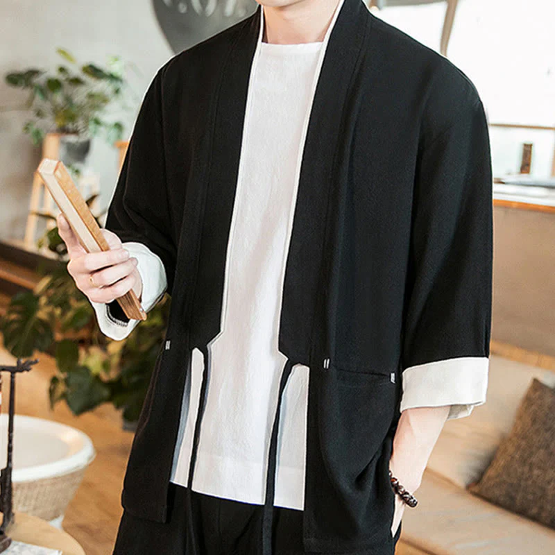 Giacca da uomo in cotone e lino con maniche a tre quarti, kimono con tasche e motivo Buddha Stones con lacci - Image 14