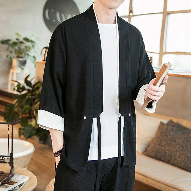 Giacca da uomo in cotone e lino con maniche a tre quarti, kimono con tasche e motivo Buddha Stones con lacci - Image 15