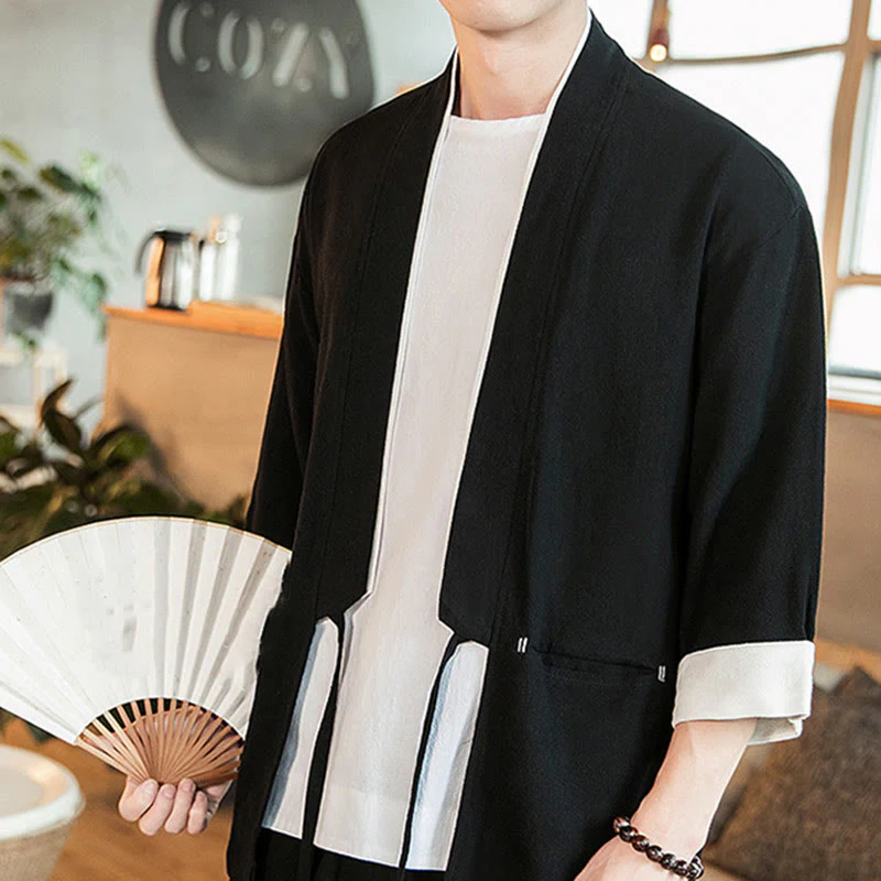 Giacca da uomo in cotone e lino con maniche a tre quarti, kimono con tasche e motivo Buddha Stones con lacci - Image 16