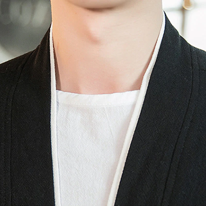 Giacca da uomo in cotone e lino con maniche a tre quarti, kimono con tasche e motivo Buddha Stones con lacci - Image 17