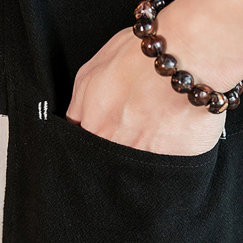 Giacca da uomo in cotone e lino con maniche a tre quarti, kimono con tasche e motivo Buddha Stones con lacci - Image 21