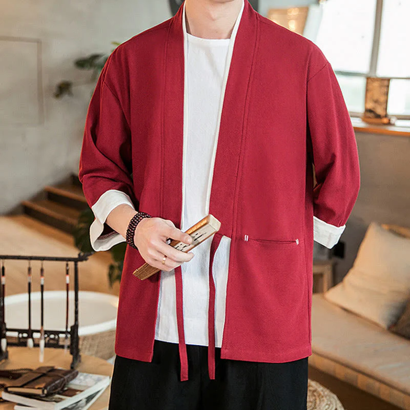 Giacca da uomo in cotone e lino con maniche a tre quarti, kimono con tasche e motivo Buddha Stones con lacci - Image 22