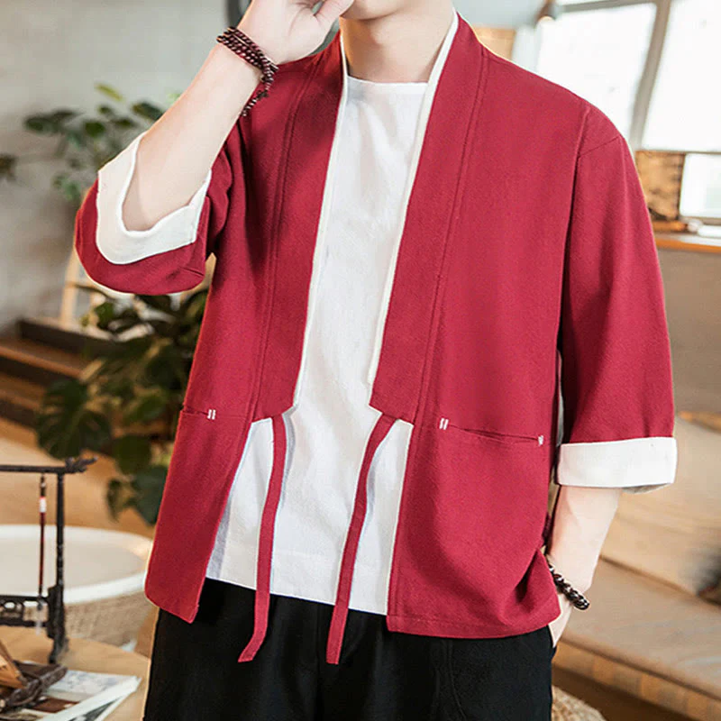 Giacca da uomo in cotone e lino con maniche a tre quarti, kimono con tasche e motivo Buddha Stones con lacci - Image 23