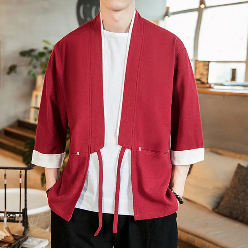 Giacca da uomo in cotone e lino con maniche a tre quarti, kimono con tasche e motivo Buddha Stones con lacci - Image 25