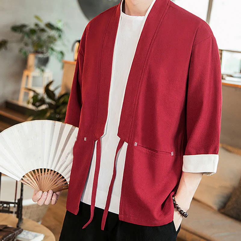 Giacca da uomo in cotone e lino con maniche a tre quarti, kimono con tasche e motivo Buddha Stones con lacci - Image 28