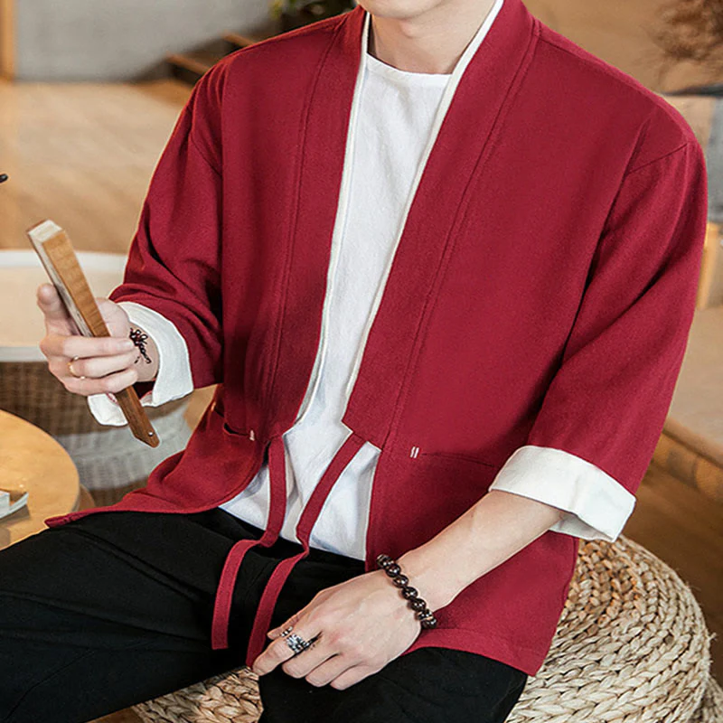 Giacca da uomo in cotone e lino con maniche a tre quarti, kimono con tasche e motivo Buddha Stones con lacci - Image 29