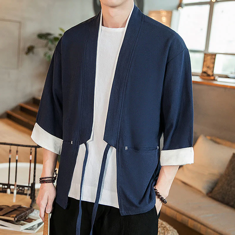 Giacca da uomo in cotone e lino con maniche a tre quarti, kimono con tasche e motivo Buddha Stones con lacci - Image 3