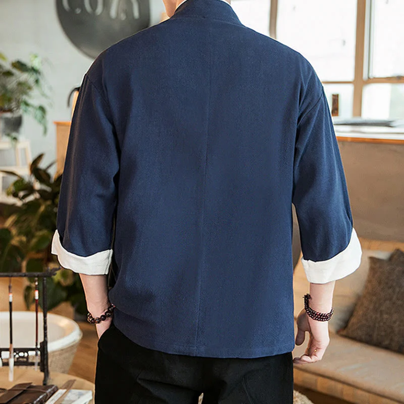 Giacca da uomo in cotone e lino con maniche a tre quarti, kimono con tasche e motivo Buddha Stones con lacci - Image 4
