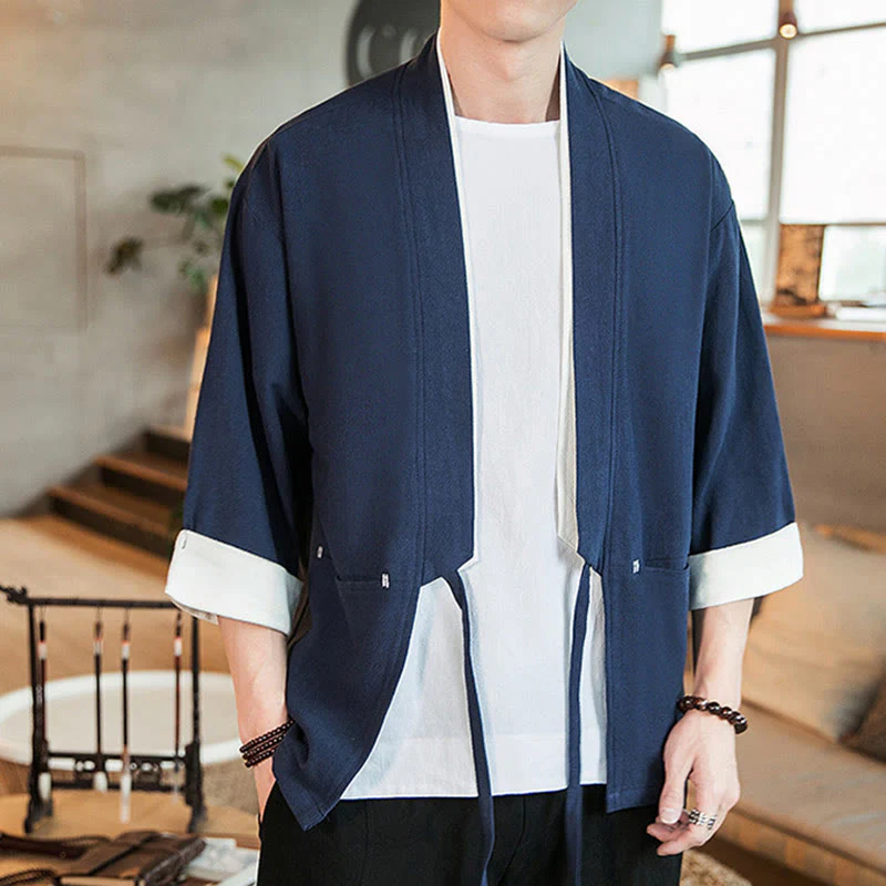 Giacca da uomo in cotone e lino con maniche a tre quarti, kimono con tasche e motivo Buddha Stones con lacci - Image 5