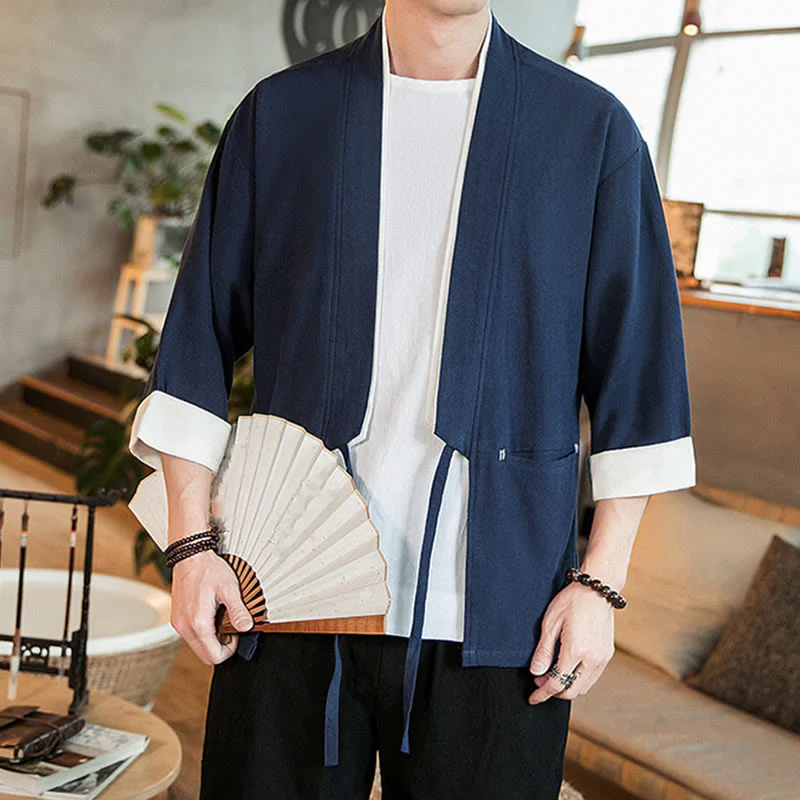 Giacca da uomo in cotone e lino con maniche a tre quarti, kimono con tasche e motivo Buddha Stones con lacci - Image 7