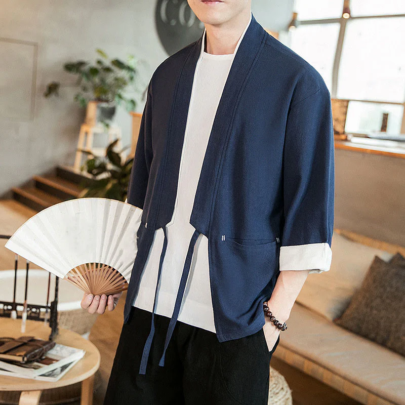 Giacca da uomo in cotone e lino con maniche a tre quarti, kimono con tasche e motivo Buddha Stones con lacci - Image 8