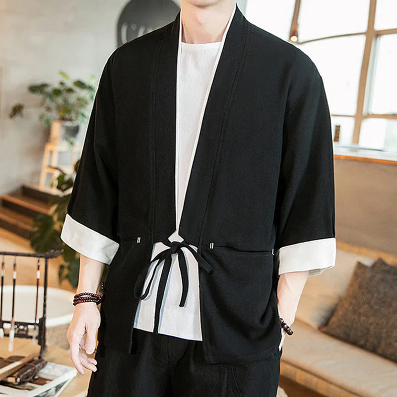 Giacca da uomo in cotone e lino con maniche a tre quarti, kimono con tasche e motivo Buddha Stones con lacci - Image 9