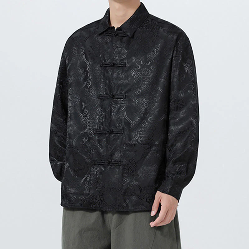 Giacca da uomo in stile tang con bottoni a rana, tasche e risvolto in jacquard primaverile con maniche lunghe Buddha Stones - Image 16