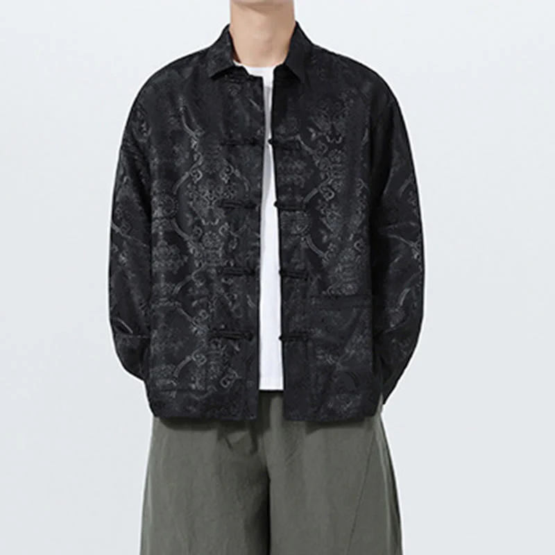 Giacca da uomo in stile tang con bottoni a rana, tasche e risvolto in jacquard primaverile con maniche lunghe Buddha Stones - Image 19