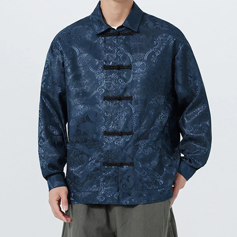 Giacca da uomo in stile tang con bottoni a rana, tasche e risvolto in jacquard primaverile con maniche lunghe Buddha Stones - Image 4