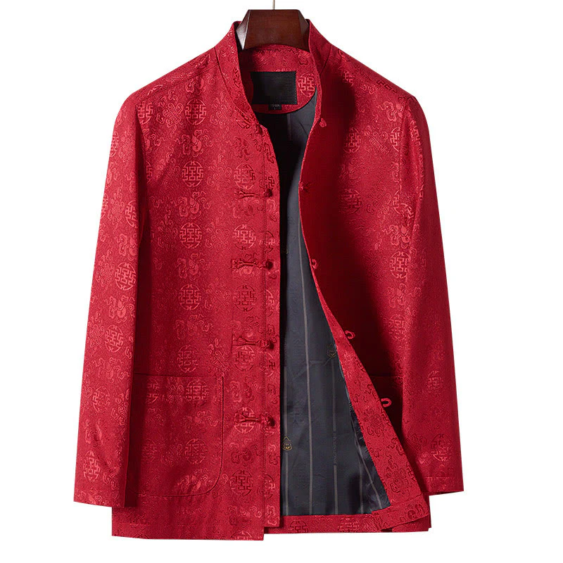 Giacca da uomo in stile Tang con colletto rialzato, maniche lunghe, ricamo con Buddha Stones e tasche
