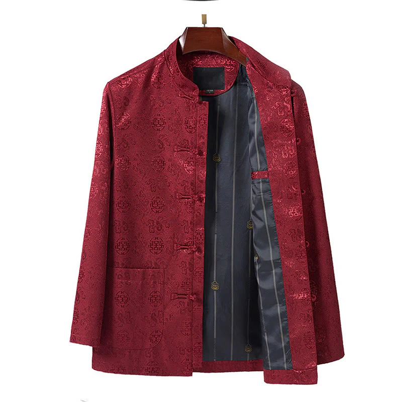 Giacca da uomo in stile Tang con colletto rialzato, maniche lunghe, ricamo con Buddha Stones e tasche - Image 3