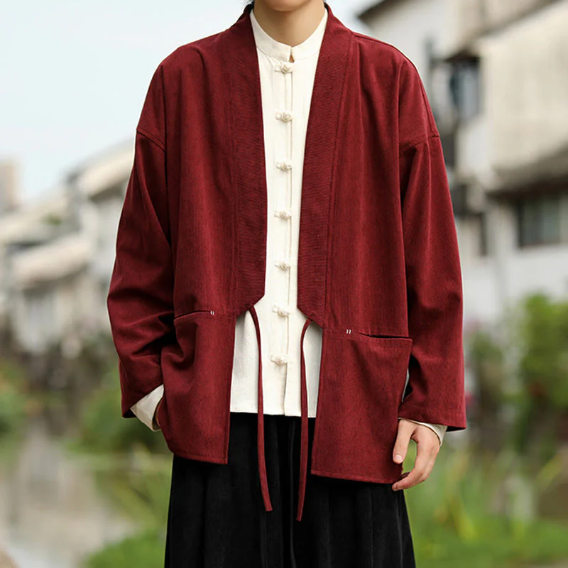 Giacca da uomo in velluto a coste di cotone con maniche lunghe, aperta sul davanti, tinta unita, motivo Buddha Stones , kimono con tasche - Image 10