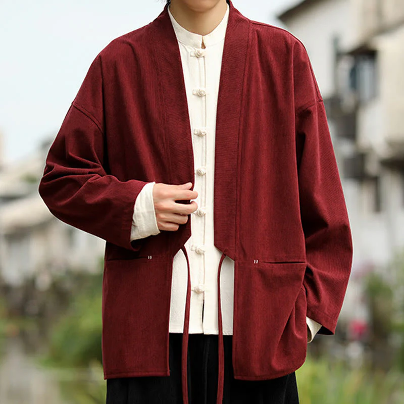 Giacca da uomo in velluto a coste di cotone con maniche lunghe, aperta sul davanti, tinta unita, motivo Buddha Stones , kimono con tasche - Image 11