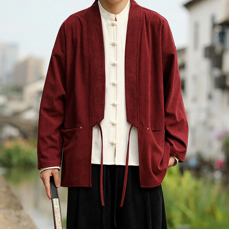 Giacca da uomo in velluto a coste di cotone con maniche lunghe, aperta sul davanti, tinta unita, motivo Buddha Stones , kimono con tasche - Image 12