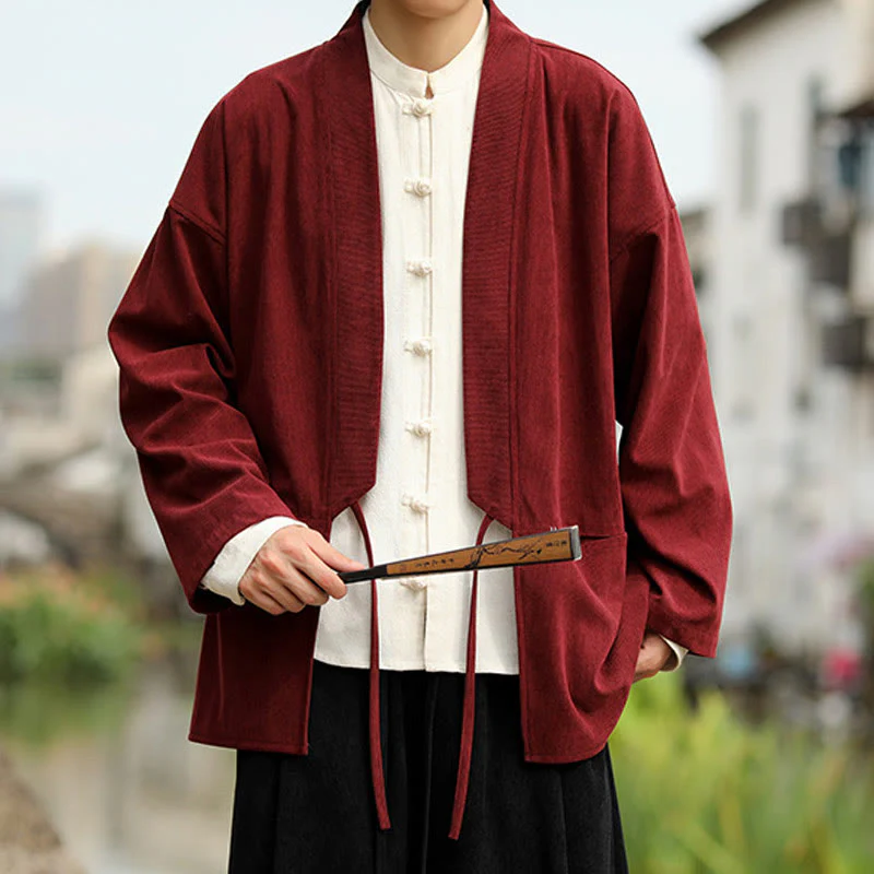 Giacca da uomo in velluto a coste di cotone con maniche lunghe, aperta sul davanti, tinta unita, motivo Buddha Stones , kimono con tasche - Image 13