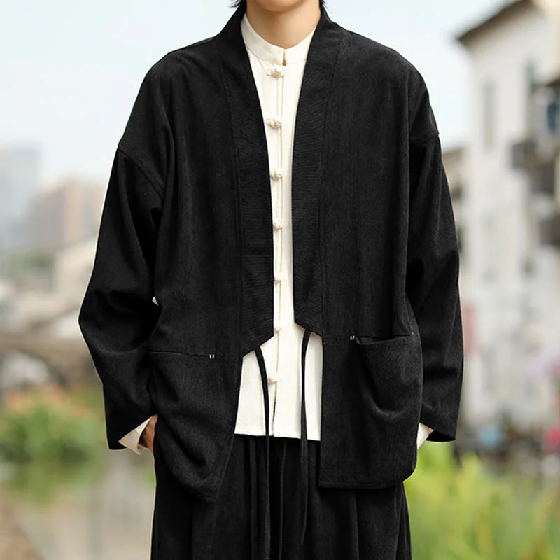 Giacca da uomo in velluto a coste di cotone con maniche lunghe, aperta sul davanti, tinta unita, motivo Buddha Stones , kimono con tasche - Image 14