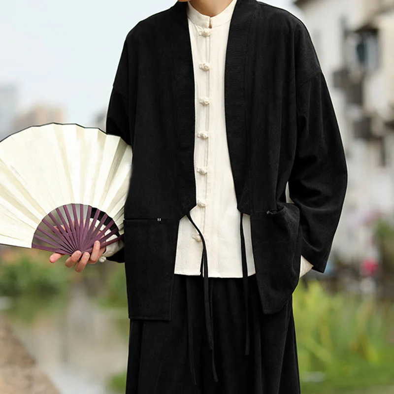 Giacca da uomo in velluto a coste di cotone con maniche lunghe, aperta sul davanti, tinta unita, motivo Buddha Stones , kimono con tasche - Image 16